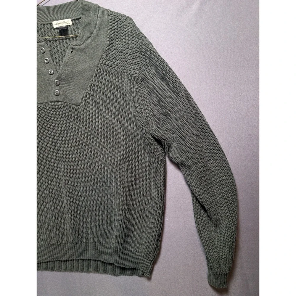 Vintage Eddie Bauer Henley Sweater Men's Large Green Chunky Knitted Classic Fit